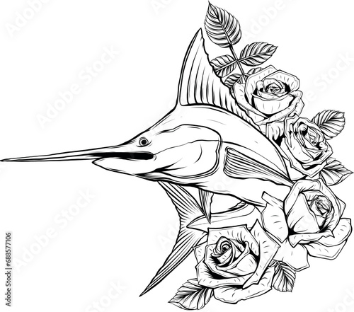 Simple minimalistic vector illustration of black and white swordfish