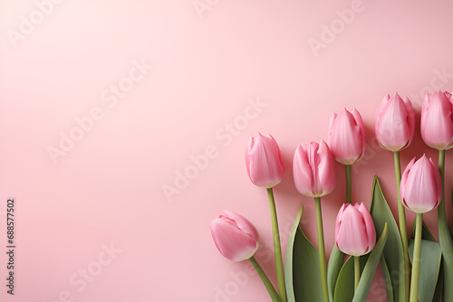 pink tulips flowers on pink background. Copy space. Generated AI