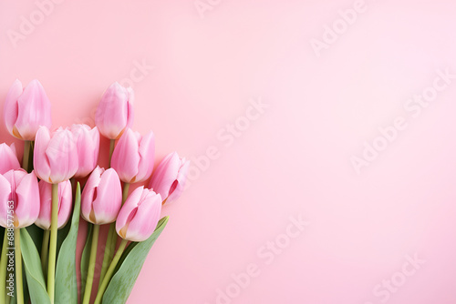 pink tulips flowers on pink background. Copy space. Generated AI © natalystudio