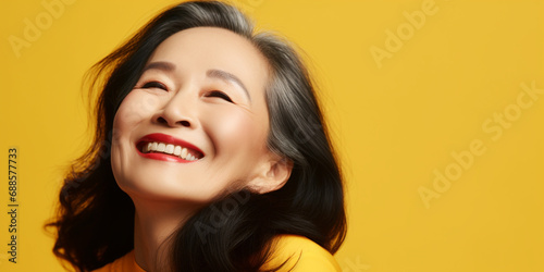 Happy Asian Woman. Portrait of Beautiful Older Mid Aged Mature Smiling Woman in Yellow Clothes Isolated on Yellow Background. Anti-aging Skin Care Face Beauty Product. Banner with Copy Space.