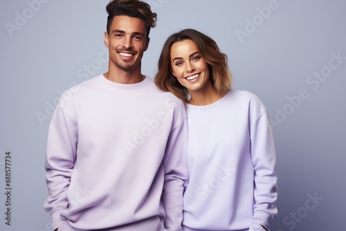 Happy young smiling couple of woman and man wearing lilac sweatshirt on white background.