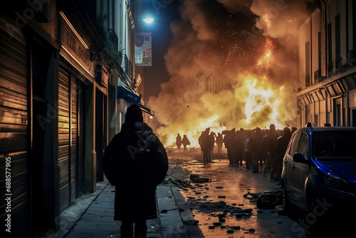 Fototapeta Naklejka Na Ścianę i Meble -  A large fire illuminates a night-time street scene, with people gathered around and a person walking away in the foreground, ai generative