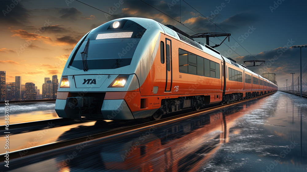 Naklejka premium Modern Bullet Train Travel Through Metro City Background