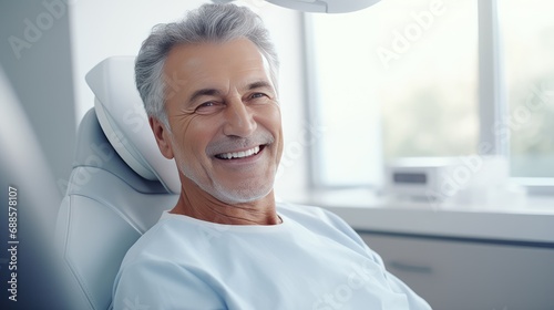 An elderly man at the dental clinic smiles a smile with white, straight teeth. An appointment with a dentist