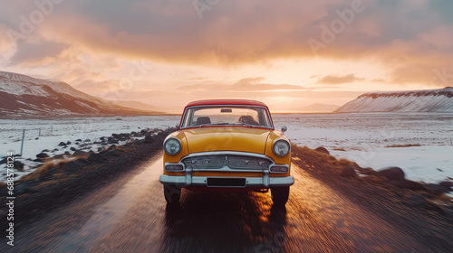 A Modern Luxury Car Left Running in Iceland Blurry Background
