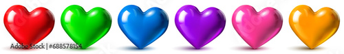 Set of beautiful shiny hearts in various colors, on white background with shadows