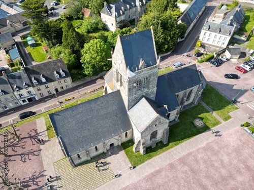 Sainte Mere Eglise Normandy France drone,aerial Paratoopers perspective photo
