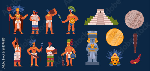 Maya civilization people and symbols, flat vector illustration isolated on dark background.
