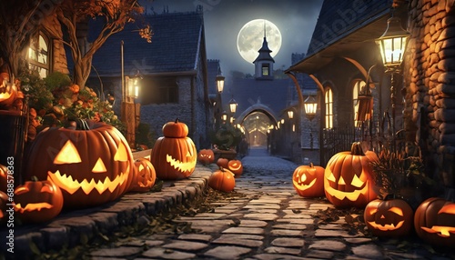 scary halloween pumpkin poster medieval fantasy epic scenes pumpkin filled street at night photorealistic compositions detailed backgrounds ai illustration digital virtual generative photo