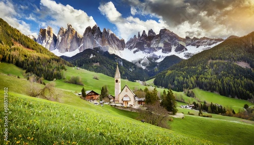 famous best alpine place of the world santa maddalena village with magical dolomites mountains in background val di funes valley trentino alto adige region italy europe photo