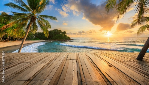 empty wooden floor with tropical sunset beach background generative ai