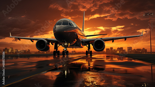 Airplane Landing On Runway At Golden Hour of Sunset on Blurry Background © AI Lounge