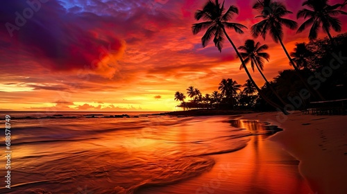 AI generated illustration of a stunning sunset on a tropical beach with wispy clouds