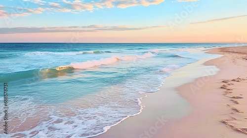 AI generated illustration of a beach at sunset crashing onto the shore with some clouds