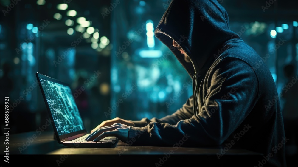 Hooded computer hacker - obrazy, fototapety, plakaty 