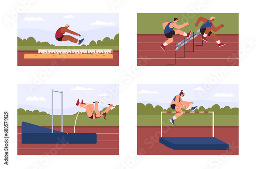 Set of scenes with professional jumping people flat style, vector illustration