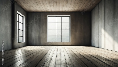 empty room interior with concrete walls wooden floor with light and soft skylight from window background with copy space ai generative illustration