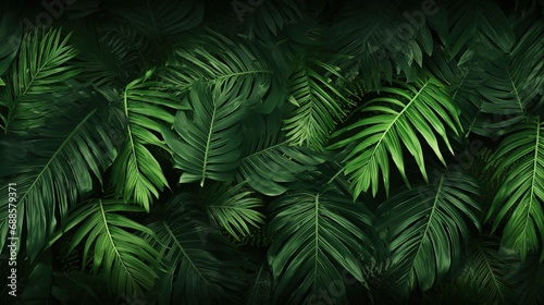 Fern Green leaves background. Green tropical fern leaves, monstera leaves, palm leaves, coconut leaf, fern, palm leaf, banana leaf. Panoramic jungle background. 