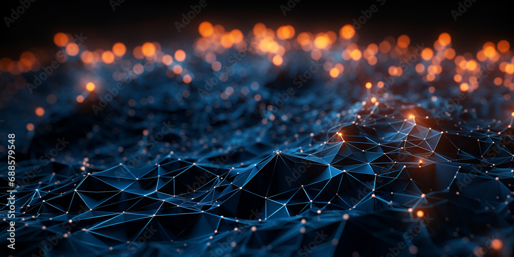 Futuristic tech mesh Plexus style background depicting science and technology Abstract background of technology and science Mesh or net with lines and bokeh lights on background Ai Generative - obrazy, fototapety, plakaty 