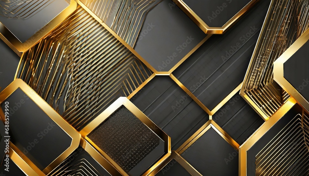 luxury hexagonal abstract black metal background with golden light ...