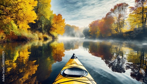 kayak sailing down a river on a sunny autumn day against yellow foliage trees and fog reflected in the water exploration of wild pristine nature and wanderlust concept ai generative