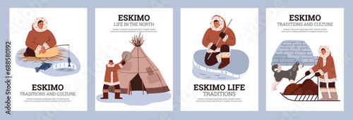 Life at the north pole vector posters set, people in traditional Eskimos clothing, awning and icehouse, fishing, hunting