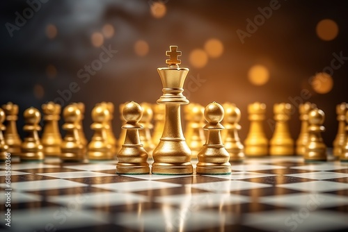 Gold king winner surrounded with gold chess pieces on chess board game competition. concept strategy, leadership and success business photo