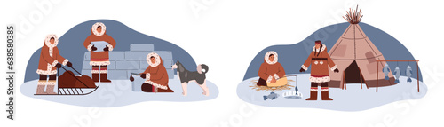 Life at the north pole vector illustrations set, people in traditional Eskimos clothing, construction icehouse, fishing