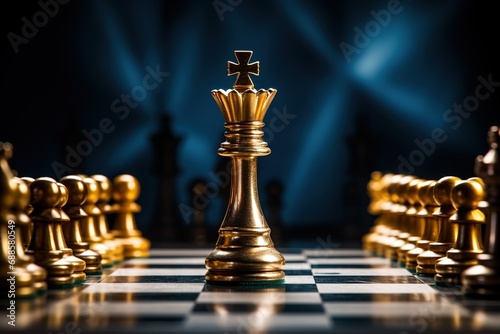 Gold king winner surrounded with gold chess pieces on chess board game competition. concept strategy, leadership and success business