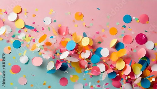 colorful paper confetti exploding on pastel pink background