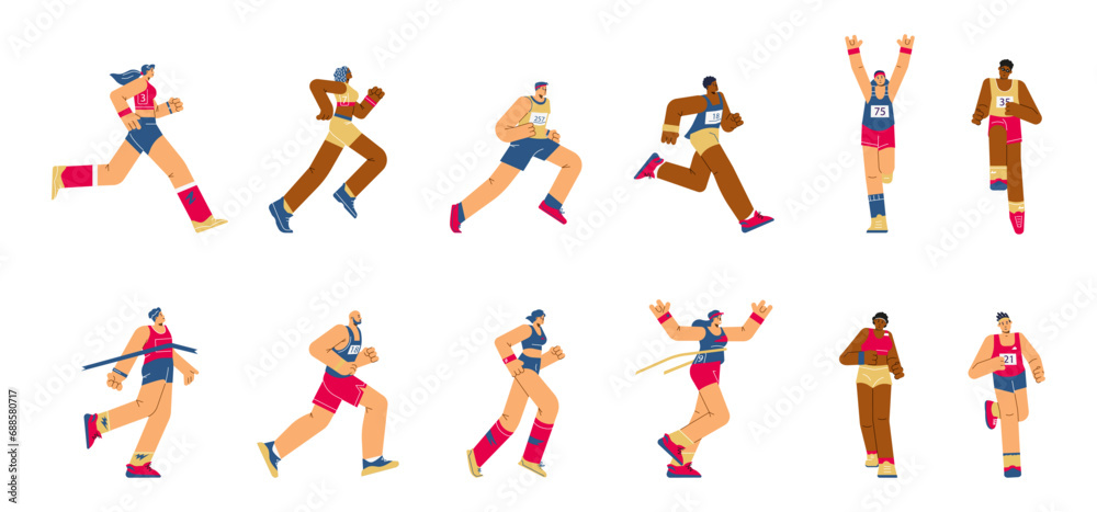 Multinational Marathon runners vector flat illustrations set, cartoon male and female athletes in various motion poses