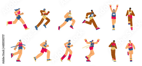 Multinational Marathon runners vector flat illustrations set, cartoon male and female athletes in various motion poses