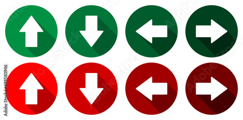 Up, down, left and right arrows. Red and green round icons with white arrows.