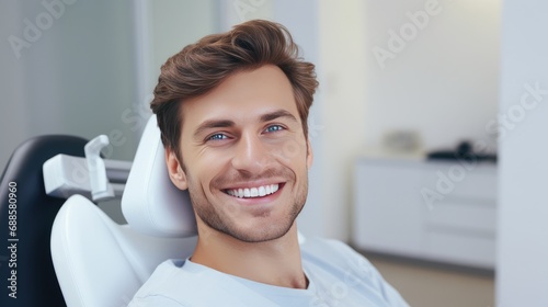 A young handsome man in a dentist chair smiling with beautiful white, healthy teeth. man with white teeth