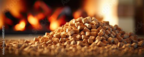 Compressed wood pellets infront of fireplace. Firewood copy space for your text.