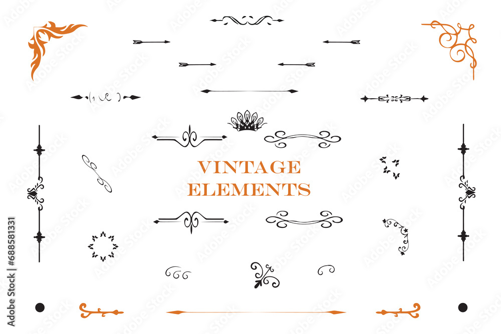 Ornate vintage handdrawn frames, labels, scrolls, logo, branches, leaves and floral motif. For greeting cards, wedding invitations, restaurant menu, royal certificates