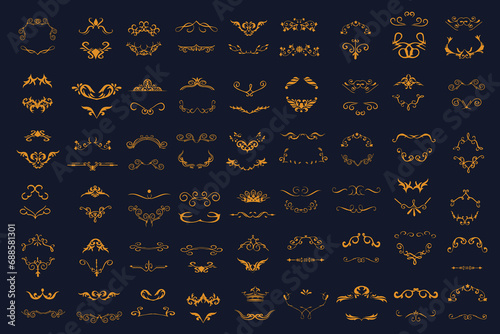 Gold ornate vintage handdrawn frames, labels, scrolls, logo, branches, leaves, floral motif and corner icons. For greeting cards, wedding invitations, restaurant menu, royal certificates