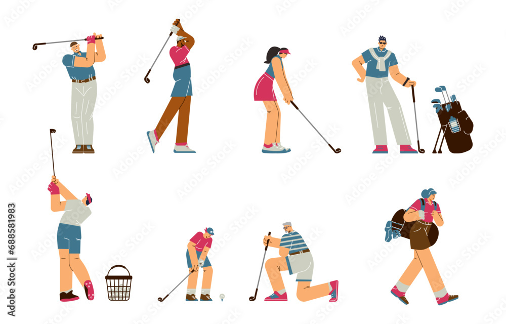 Golf player male and female characters cartoon flat vector illustration isolated.
