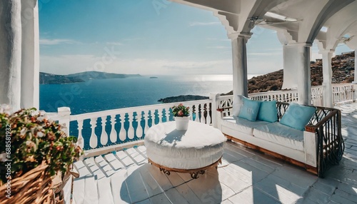 close up of luxurious lounge on a traditional greek island terrace with a stunning sea view