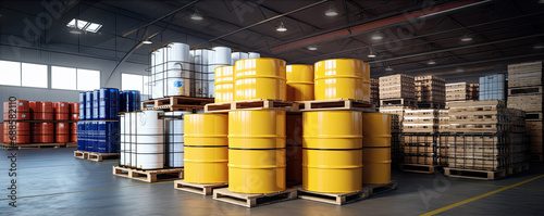 Barrel steel containers in factory warehouse.  Color barrels in industrial intariors. photo
