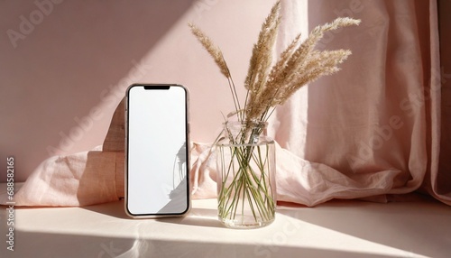 blank smartphone screen mock up linen textile glass vase with meadow grass stems on neutral light pastel pink background with sunlight shadow aesthetic feminine business brand identity template photo