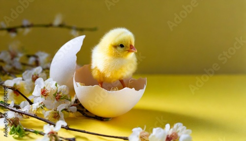 small yellow chicken in a shell on a yellow background postcard with copy space easter concept