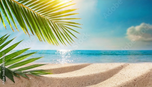 summer banner sunny sand with palm leaves in tropical beach