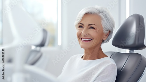 An elderly woman at the dental clinic smiles a smile with white, straight teeth. An appointment with a dentist
