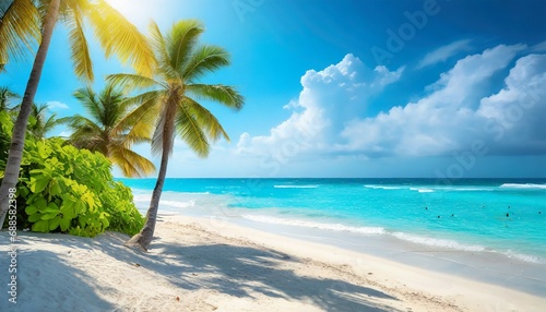 sunny tropical caribbean beach with palm trees and turquoise water island vacation hot summer day