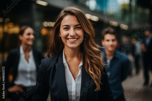 portrait of young happy business woman in front of her team