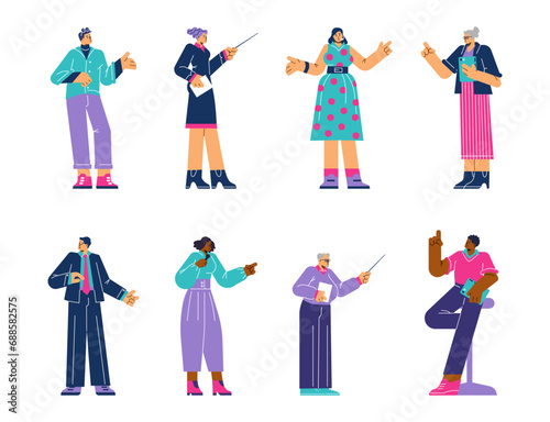 People in presenting pose, explaining, showing, business mentor, lecturer, coach or teacher, vector presenters set