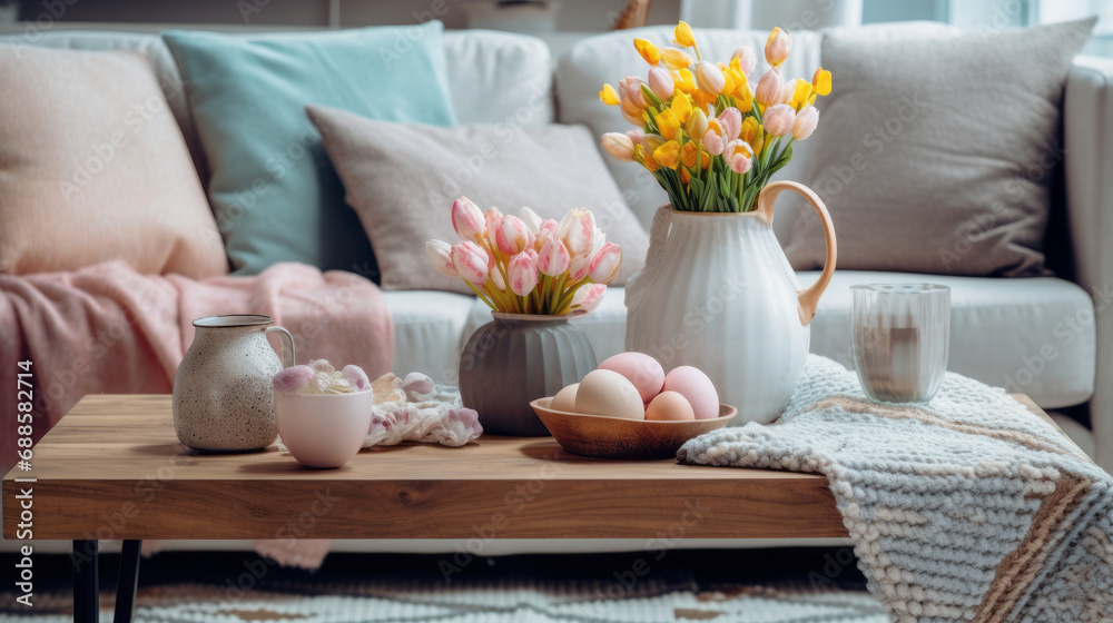 close-up of a table with a spring flower bouquet in a vase, easter eggs in the bowl and a sofa with cushions in the background close-up of a table with a spring flower bouquet in a vase, easter eggs in the bowl and a sofa with cushions in the background