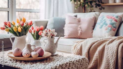 table with a wicker basket filled with easter eggs, a spring tulip flower bouquet, and a sofa with the knitted blanket in the background photo