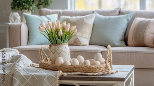 table with a spring tulip bouquet and easter eggs and a sofa with pastel cushions in the background photo